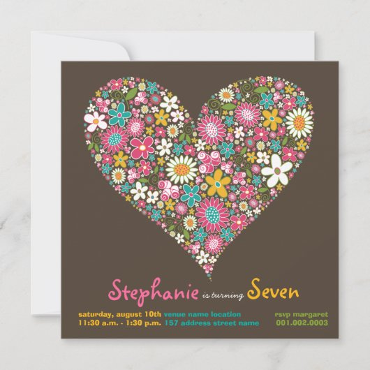 Colorful Spring Flowers Heart Love Birthday Invite Kaart (Voorkant)