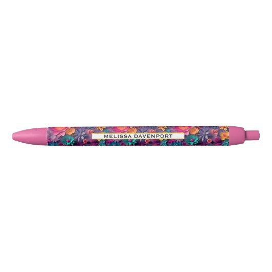 Colorful Spring Flowers Patroon Zwarte Inkt Pen (Voorkant)