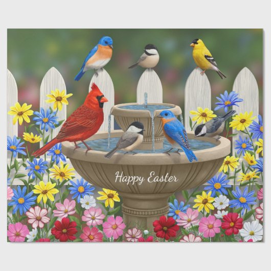 Colorful Spring Garden Bird Bath Cadeaupapier (Vlak)