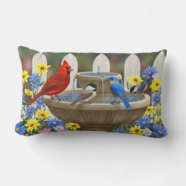 Colorful Spring Garden Bird Bath Kussen (Voorkant)