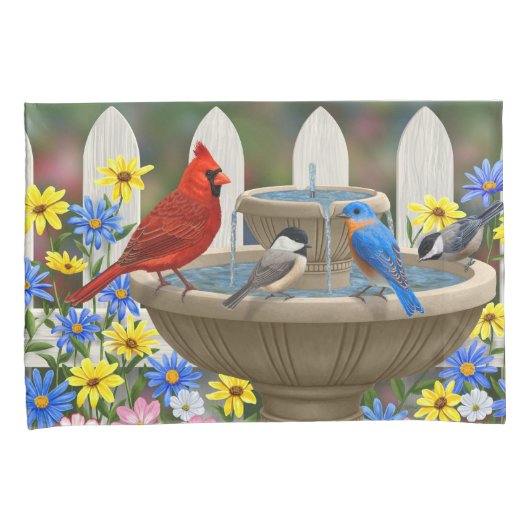 Colorful Spring Garden Bird Bath Kussensloop (Voorkant-Rechts)