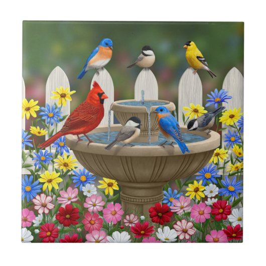 Colorful Spring Garden Bird Bath Tegeltje (Voorkant)