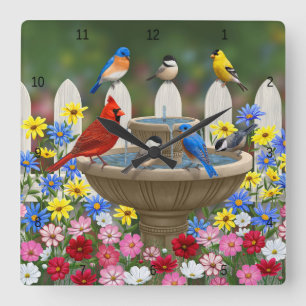 Colorful Spring Garden Bird Bath Vierkante Klok