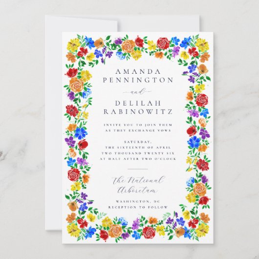 Colorful Spring Rainbow Flowers Gay Pride Wedding Kaart (Voorkant)
