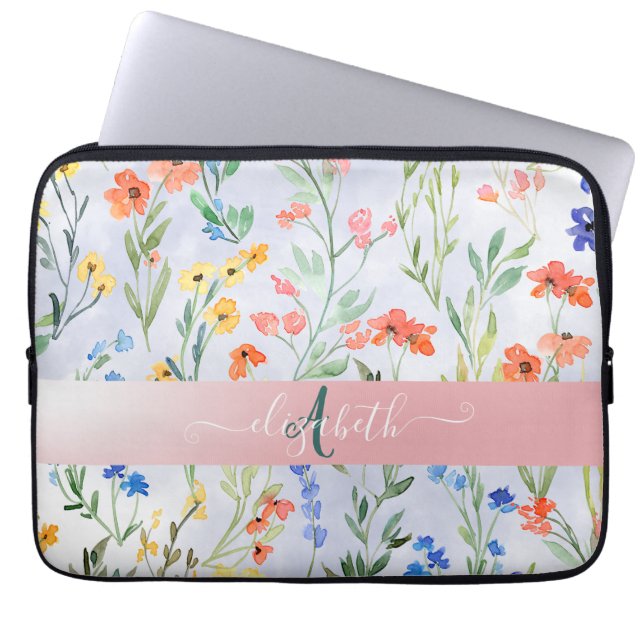 Colorful Spring Wildflower Meadow Monogram Laptop Sleeve (Voorkant)