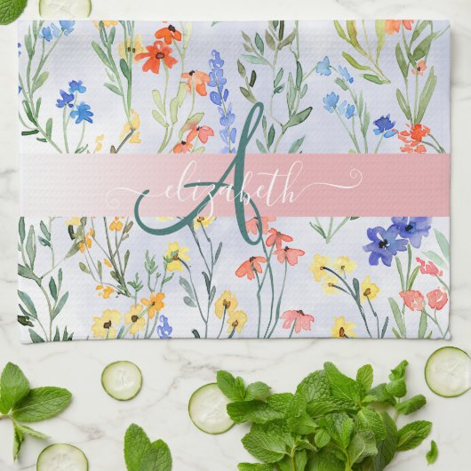 Colorful Spring Wildflower Meadow Monogram Theedoek (Gevouwen)