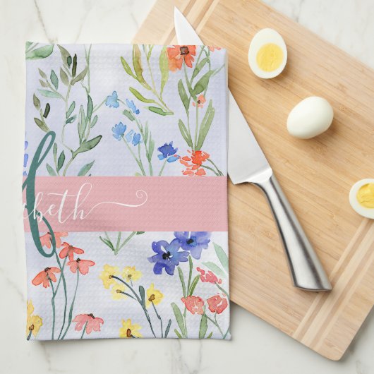 Colorful Spring Wildflower Meadow Monogram Theedoek (Quarter Fold)