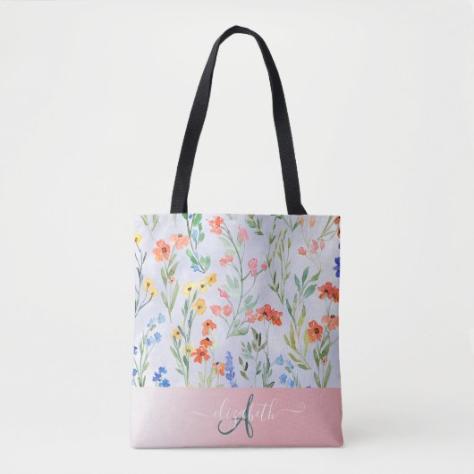 Colorful Spring Wildflower Meadow Monogram Tote Bag (Voorkant)