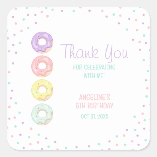 Colorful Sprinkle Sweet Donuts Kids Birthday Vierkante Sticker (Voorkant)