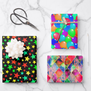 Colorful Stars Balloons Argyle Happy Joyful Fun Inpakpapier Vel