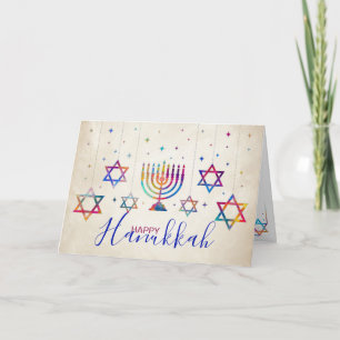 Colorful Stars of David and Menorah Happy Hanukkah Kaart