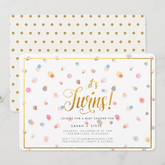 Colorful Stippen Twins Baby shower Invitation Kaart (Voorkant / Achterkant)