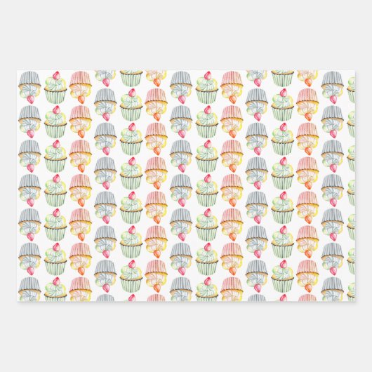 Colorful Strawberry Topped Cupcake Patroon Inpakpapier Vel (Voorkant 3)