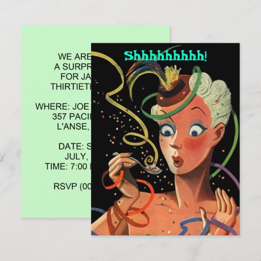 COLORFUL STREAMERS SURPRISE PARTIJ GIRL INVITATION KAART (Voorkant / Achterkant)