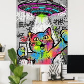 Colorful Street Art Cat with UFO Graffiti Poster (Thuiskantoor)