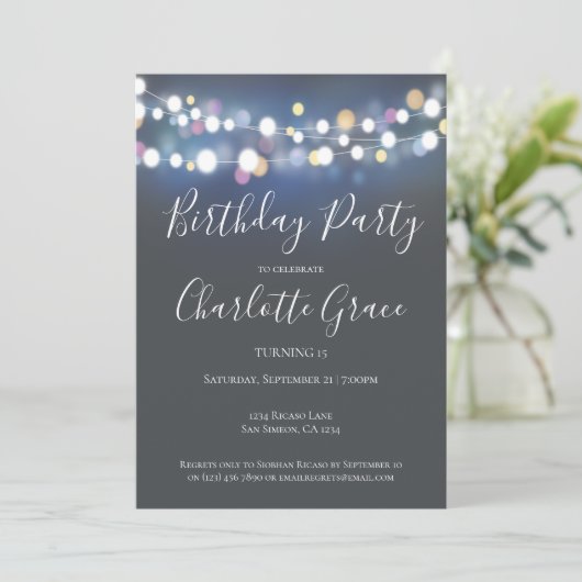 Colorful String Lights Birthday Party Kaart (Staand voorkant)