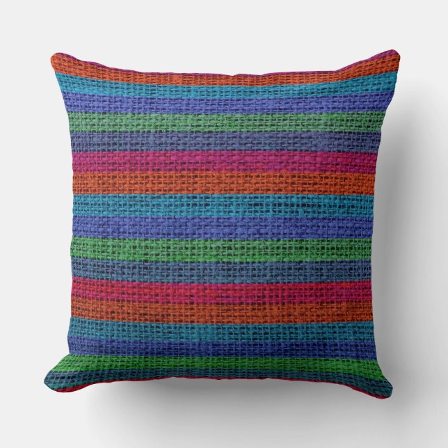 Colorful Stripes Burlap Linen Rustic Jute #6 Kussen (Voorkant)