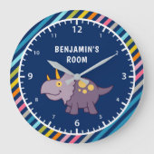 Colorful Stripes Cute Paarse Dinosaur Kinder Room Grote Klok (Voorkant)