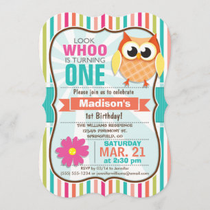 Colorful Stripes Owl Birthday Party Kaart
