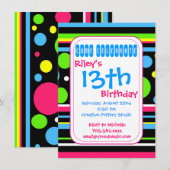 Colorful Stripes Polka Dots Birthday Invitation Kaart (Voorkant / Achterkant)