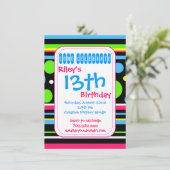 Colorful Stripes Polka Dots Birthday Invitation Kaart (Staand voorkant)