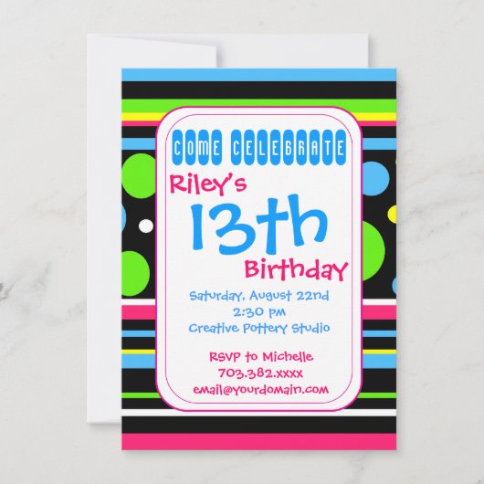 Colorful Stripes Polka Dots Birthday Invitation Kaart (Voorkant)