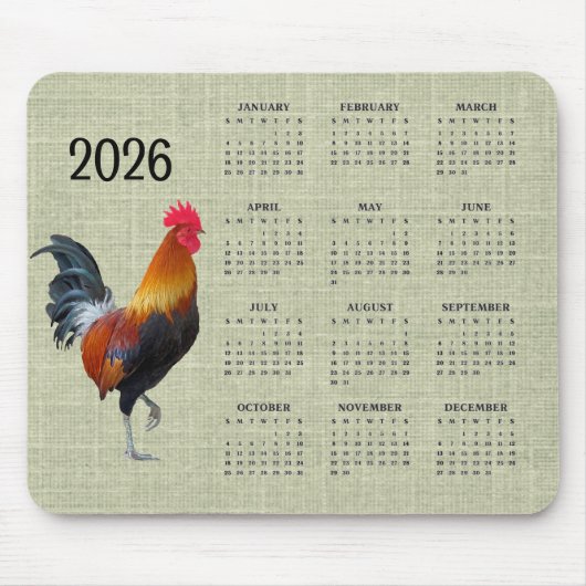 Colorful Strutting Rooster 2026 Calendar Mousepad Muismat (Voorkant)