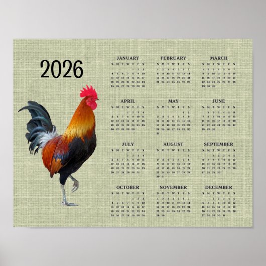Colorful Strutting Rooster 2026 Calendar Poster (Voorkant)