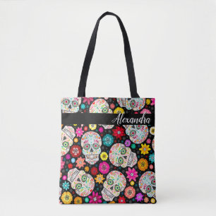 Colorful Sugar Skull en Fiesta Black Tote Bag