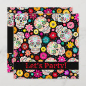 Colorful Sugar Skull Fiesta op Black Party Invite Kaart (Voorkant / Achterkant)