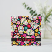 Colorful Sugar Skull Fiesta op Black Party Invite Kaart (Staand voorkant)