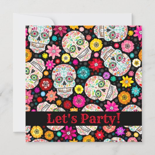 Colorful Sugar Skull Fiesta op Black Party Invite Kaart (Voorkant)