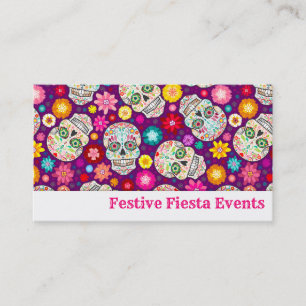 Colorful Sugar Skulls and Flowers Fiesta on Paars Visitekaartje