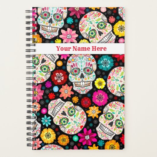 Colorful Sugar Skulls Fiesta op Black Planner (Voorkant)