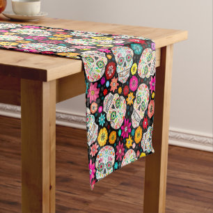Colorful Sugar Skulls Flowers Fiesta Black Runner Korte Tafelloper