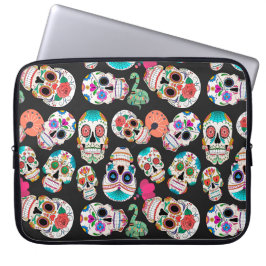 Colorful Sugar Skulls on Black Laptop Sleeve