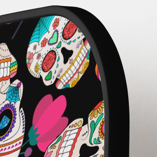 Colorful Sugar Skulls Pattern Monogram Pickleball Paddle (Links Detail)