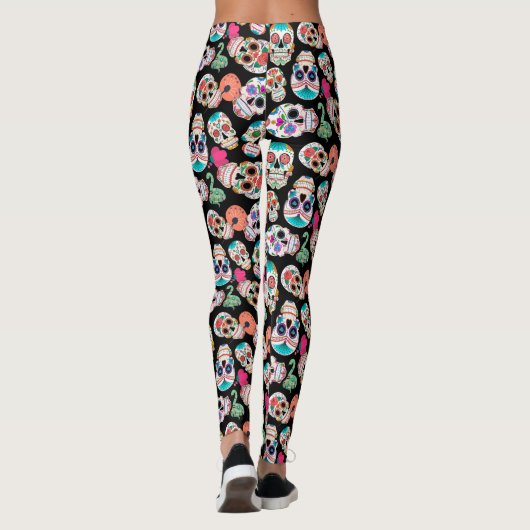 Colorful Sugar Skulls Pattern on Black Leggings (Achterkant)