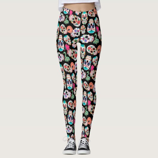 Colorful Sugar Skulls Pattern on Black Leggings (Voorkant)