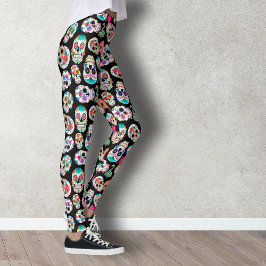 Colorful Sugar Skulls Pattern on Black Leggings