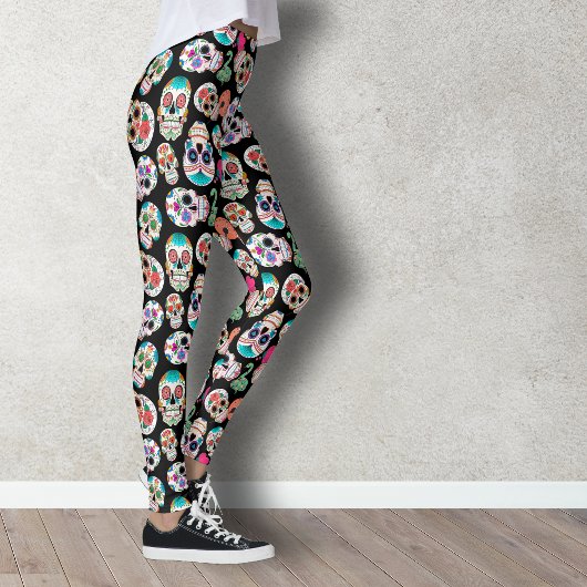 Colorful Sugar Skulls Pattern on Black Leggings