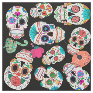 Colorful Sugar Skulls Pattern on Black Stof