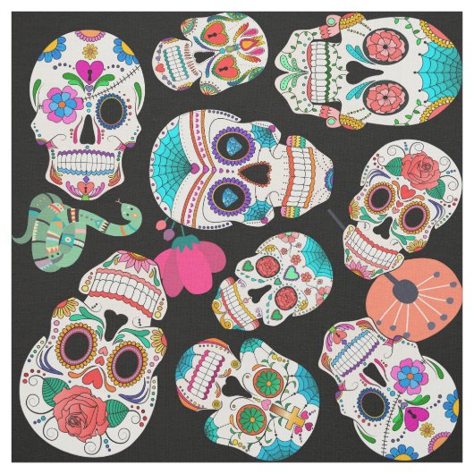 Colorful Sugar Skulls Pattern on Black Stof (Swatch)