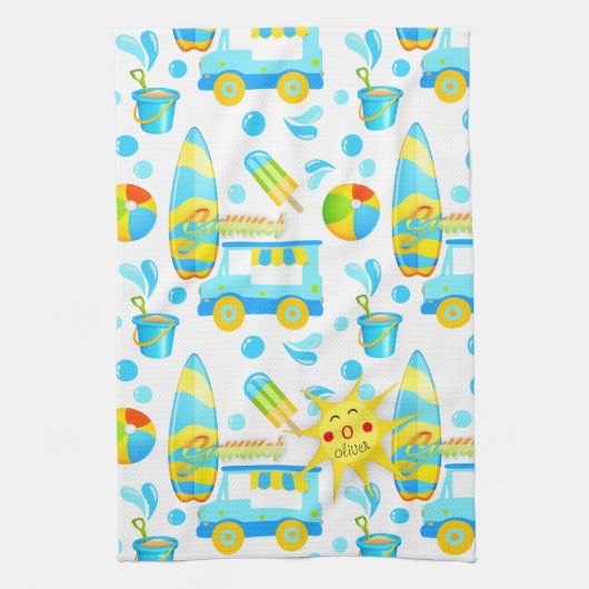 Colorful Summer and Beach Fun Monogrammed Pattern Theedoek (Verticaal)