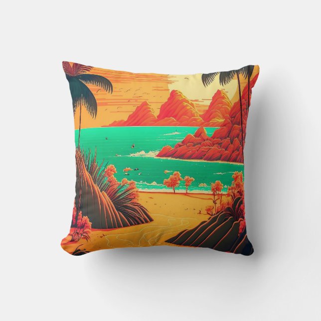 Colorful Summer Tropical Beach Landscape Artwork | Kussen (Voorkant)