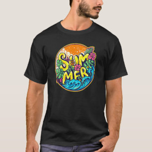 Colorful Summer Waves Hibiscus Flowers and Banana T-shirt