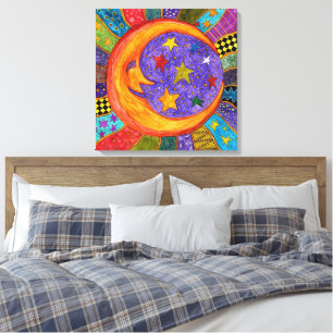 Colorful Sun, Moon en Stars Gekapeld Canvas