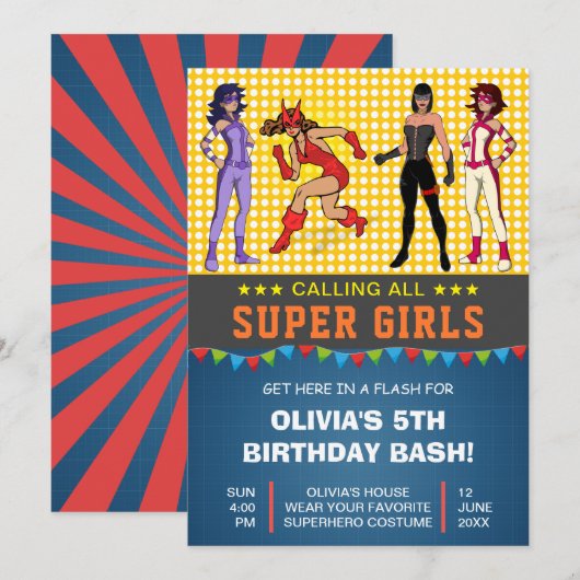 Colorful Superheld Girls Birthday Party Invitation Kaart (Voorkant / Achterkant)