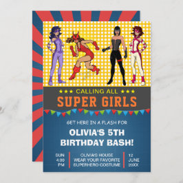 Colorful Superheld Girls Birthday Party Invitation Kaart