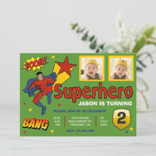Colorful Superheld Kinder Foto Birthday Uitnodigin Kaart (Staand voorkant)